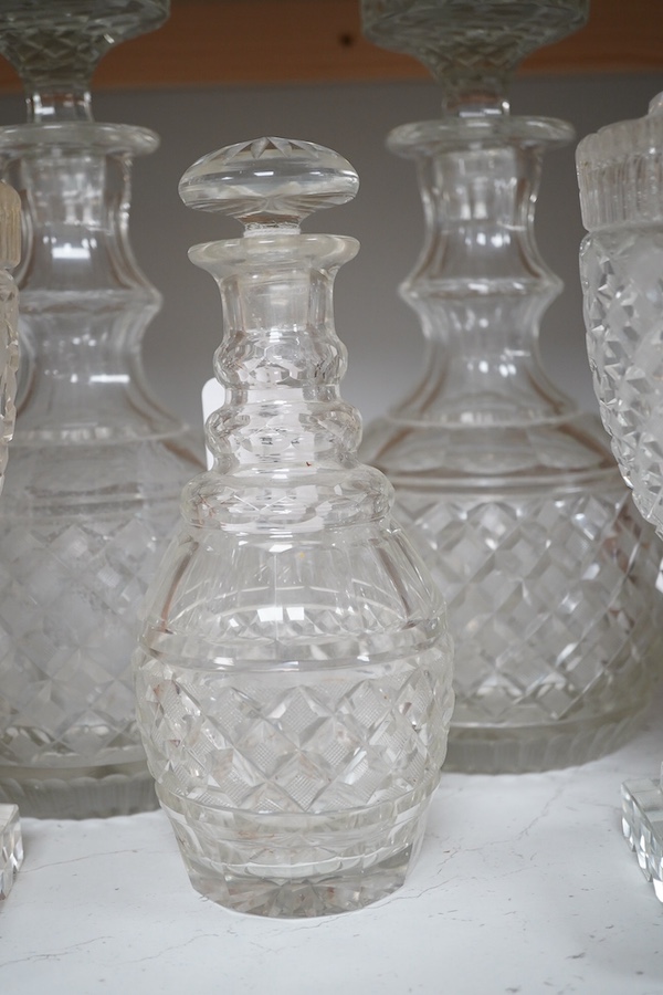 Voneche cut glass - a pair of large decanters, a pair of lidded urns and another decanter, 30cm. Condition- fair to good, several minor chips